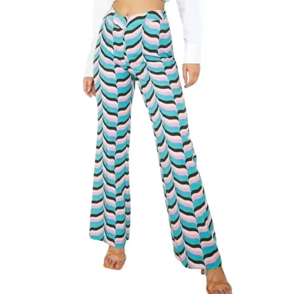 Zara Wide Leg Pants Size Medium Pink Teal Zig Zag Stripe 70s Festival High Rise